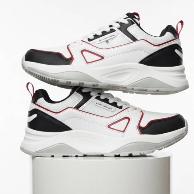 Men’s Premium White Athletic Sneakers with Black & Red Accents