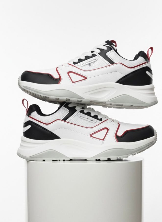 Men’s Premium White Athletic Sneakers with Black & Red Accents