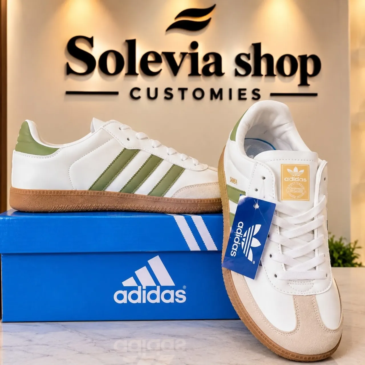 Men’s Premium Samba White & Olive Green Casual Sneakers – Classic Low Top Fashion Shoes