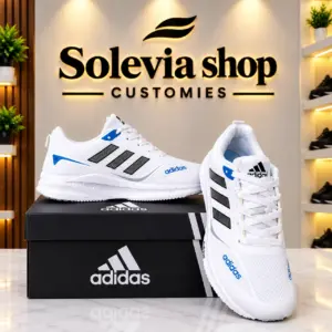 Premium White Adidas Style Running Shoes for Men – Black Stripes & Blue Accents