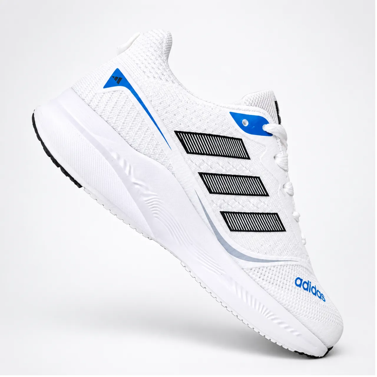 Premium White Adidas Style Running Shoes for Men – Black Stripes & Blue Accents - Image 2