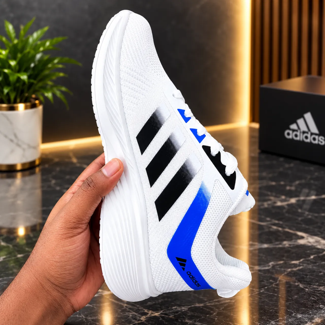 Premium White Running Shoes for Men | Black & Blue Sporty Design - Image 3
