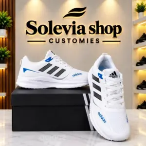 Premium White Adidas Style Running Shoes for Men – Black Stripes & Blue Accents