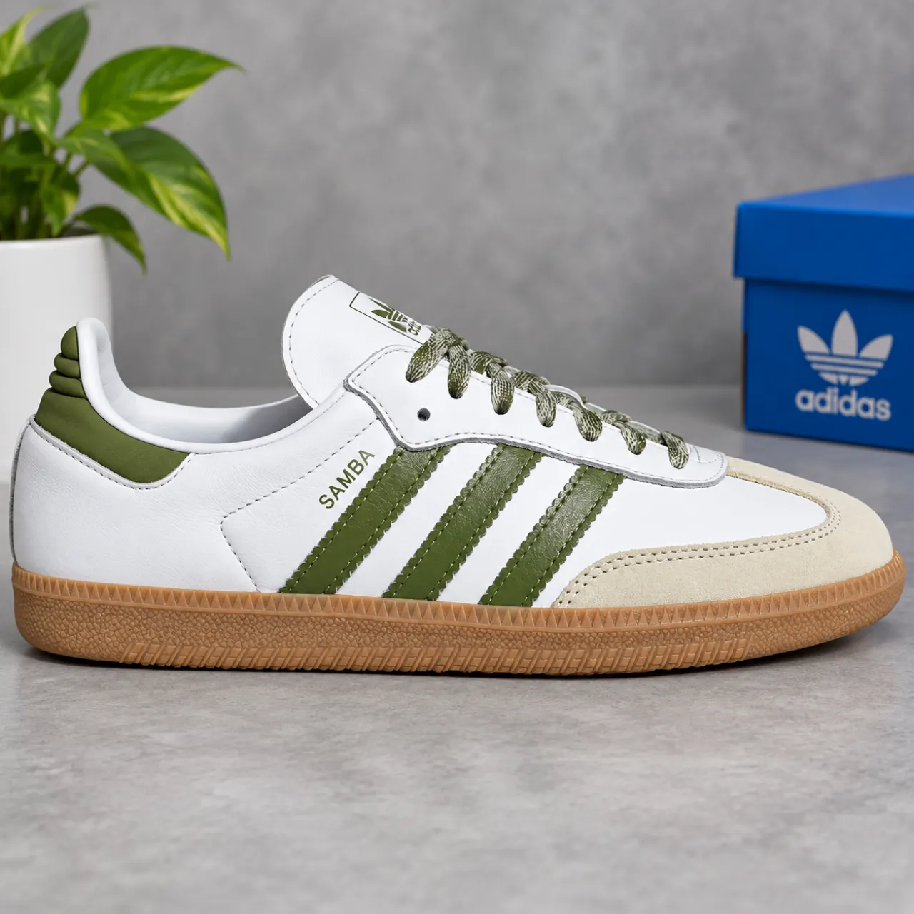 Men’s Premium Samba White & Olive Green Casual Sneakers – Classic Low Top Fashion Shoes - Image 2