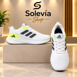 Men’s Premium Lightweight Running Shoes- White & Neon Lime with Black Stripes